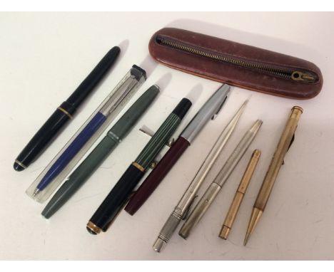 A collection of pens to include; a Samson Mordan &amp;&nbsp;Co silver pencil, London hallmarked (rubbed and dented, no lead);