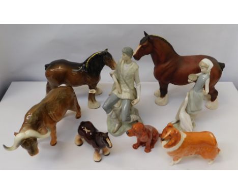 A selection of ceramics to include; large Beswick Burnham Beauty horse; a Sylvac Water Buffalo; Beswick Shire Horse (broken l