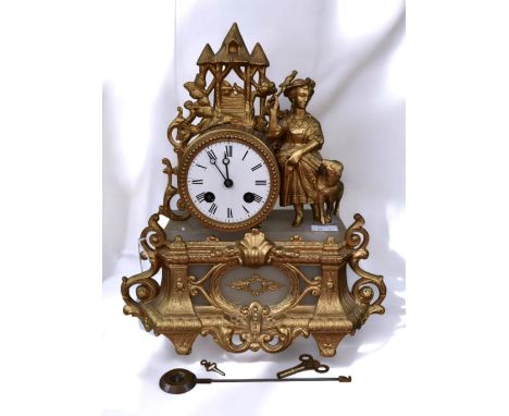A late 19th century H Mclle mantle clock, gilt spelter and alabaster. with key
