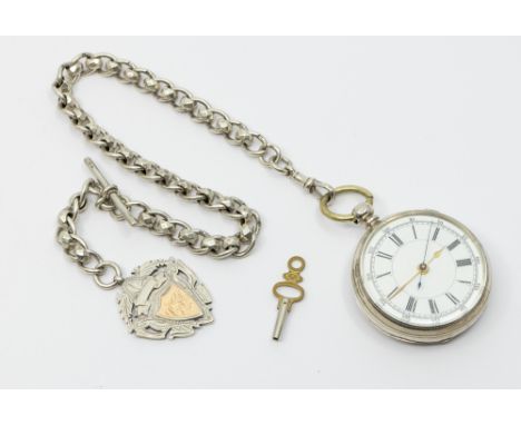A Swiss centre seconds Chronograph silver pocket watch, comprising a white enamel dial with numeral markers, case approx 50mm