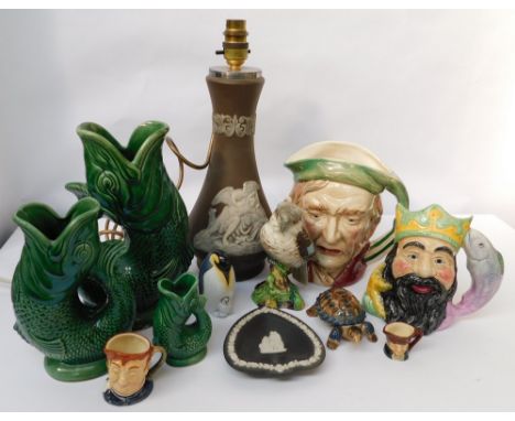 A mixed collection of 20th century or modern ceramic toby jugs (some with issues); few pieces of black Wedgwood jasperware; D