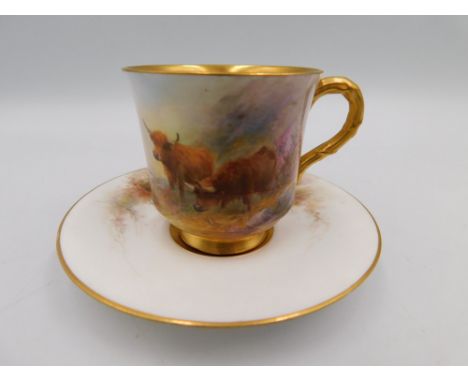 Royal Worcester - a cup and saucer by Harry Stinton, decorated with Highland Cattle grazing, with gilt decoration.  Further d
