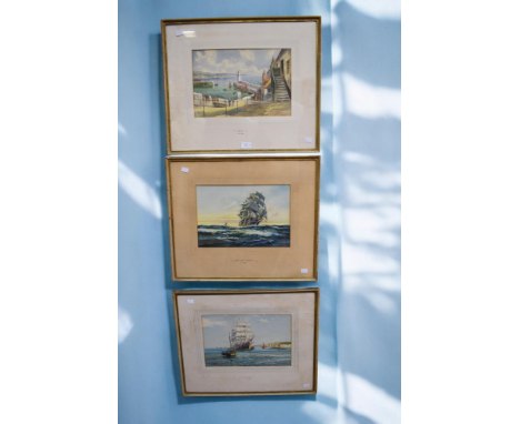 A.D. Bell (20th century), three watercolours of Cornish / Shipping scenes, one titled "Off Falmouth", dated 1948; one "Newlyn