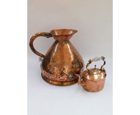 A Large Victorian 4 Gallon Copper Jug , Several old repairs , also dents &amp; wear present, together with a Victorian glass 