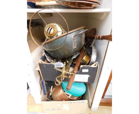 A collection of 19th and 20th Century brass and copper wares along with a collection of plated flat wares, oil lamp with shad