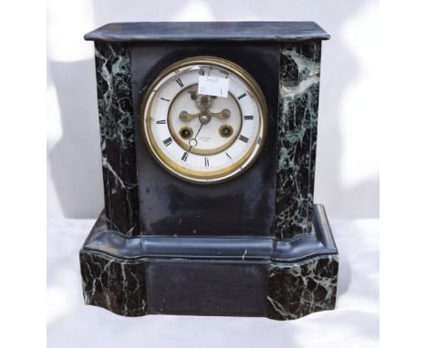 A Henry Marc of Paris 19th century slate mantle clock, with marble effect columns and with key. In working order, with minor 