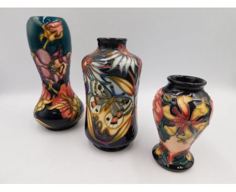 3 Moorcroft vase , consisting of a vase in the Oberon design by Rachel Bishop, First Quality crazing to base, together with a
