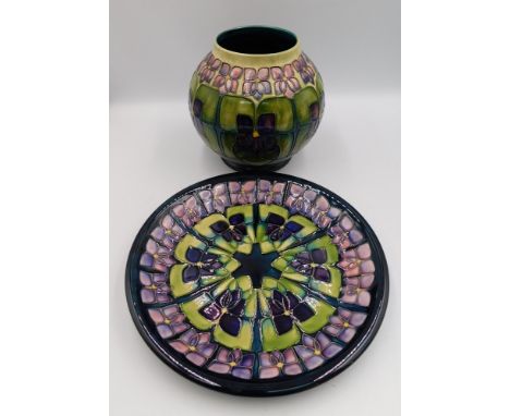 2 Moorcroft pieces in the Violet design by Sally Tuffin, consisting of Bulbous green ground vase approximate height 16cm and 
