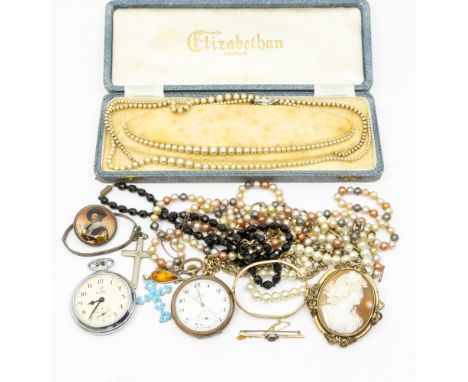 A collection of costume jewellery to include a 19th Century gilt metal shell cameo brooch, carved to depict a Greek female fi