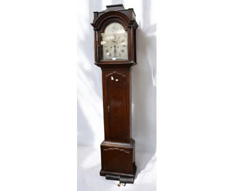 A George III 8 day longcase clock by George Fish of Northampton, tempus fugit with second dial, arched silvered face with Rom