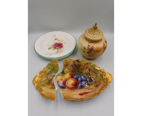 Royal Worcester - a blush ivory large pot-pourri, with painted floral design and reticulated cover (broken &amp; reglued)and 