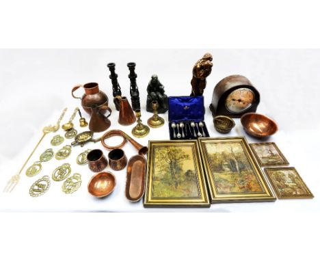 A selection of items to include; 9 horse brasses, 2 ornate Indian brass spoons, brass toasting fork, brass bell, brass turtle