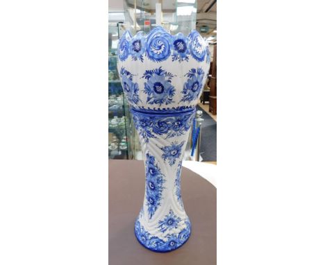 A Portuguese pottery jardini&egrave;re and stand, of round shape with pointed rim, stand of conical shape with flared top rim
