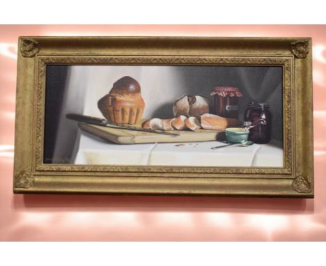 Harriet Gosling (late 20th century), Still life of bread and jams,  oil on canvas, 57cm x 24cm, signed and dated lower left (