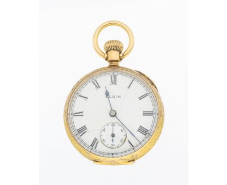 A ladies 9ct gold open faced Elgin pocket watch, comprising a white enamel dial, numeral markers, subsidiary dial at 6, folia