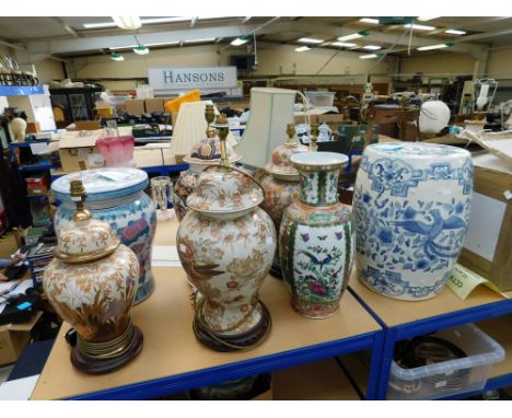 A collection of four mid 20th century ceramic lamp bases of Eastern style, varying types/sizes, along with a late 20th centur