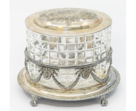 An early glass and silver plate biscuit barrel with lid, JD &amp; S maker mark to base, standing on ball and claw feet. Finia