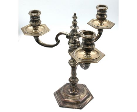An Elizabeth II silver three branch candelabra, of two-parts with single knopped stemmed candle stick and removable three bra
