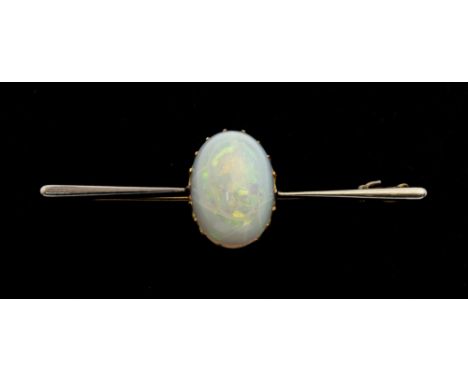 An opal and 9ct gold bar brooch, comprising an oval opal approx 17 x 12mm, (damaged cracked) with pink/green play of colour, 
