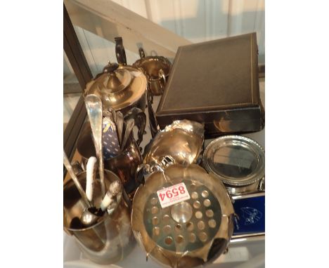 Tray of mixed silver plated items including tea set and flatware