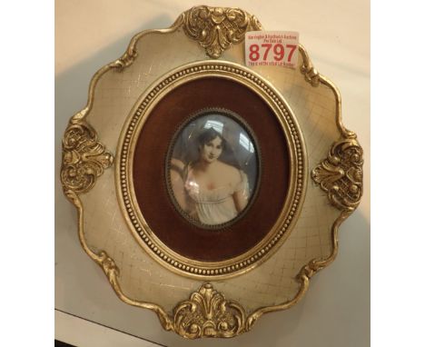 Framed hand painted portrait miniature of a young lady H: 9 cm W: 5 cm