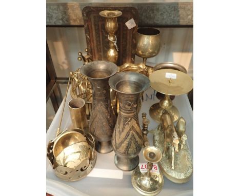 Tray of brass and bronze items including brass bird cage