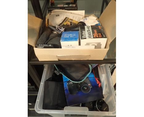 Box of mixed camera lenses and accessories