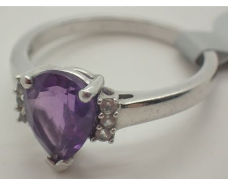 925 silver pear cut amethyst solitaire ring size P