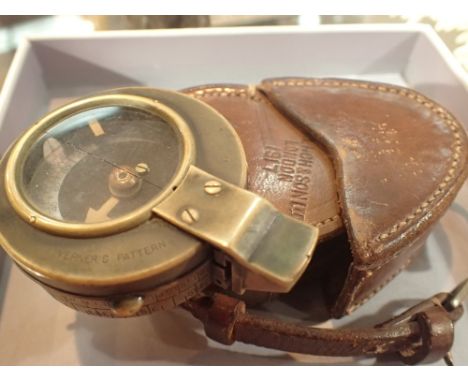 1916 WWI military issue brass compass by Cruchon and Emons in leather bag with crows foot stamp