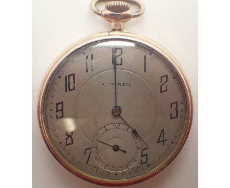 Slimline open grey faced gold plated crown wind pocket watch with subsidiary seconds CONDITION REPORT: This item is working a