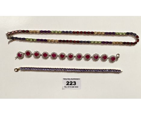 Silver and red stone bracelet, 7” (18cm) long , silver and purple stone bracelet, 7” (18cm) long and silver and multi-coloure