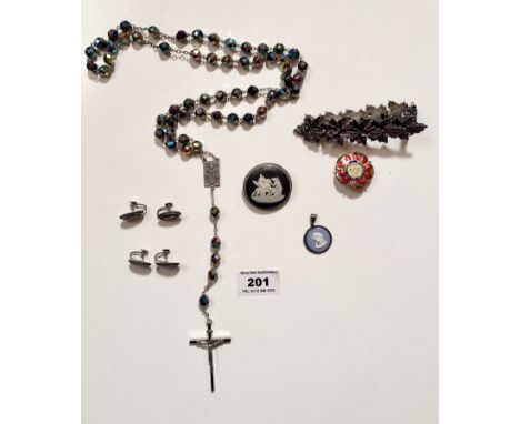 Rosary beads with cross, 2 Wedgwood silver rimmed cameo brooch, pendant and earring sets,  dress bracelet and Metropolitan Po