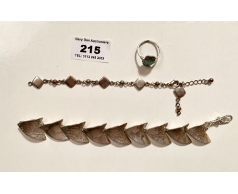 Silver bracelet, 7” (18cm) long, silver ring with green stone, pair of dress earrings and plated bracelet