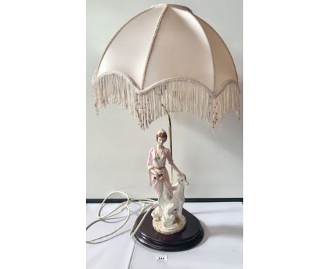 Figure lamp with woman and dog, figure 13.5” (34cm) high. Total height of lamp with shade 28” (71cm) high. No damage to figur