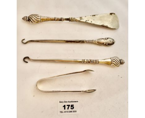 Silver handled button hook and shoe horn, silver handled button hook and silver sugar tongs