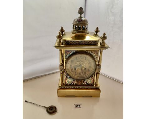 Cloisonne and brass mantle clock with pendulum, marked inside “Medaille D’Argent 3591”, 13” (33cm) high x 7” (18cm) wide