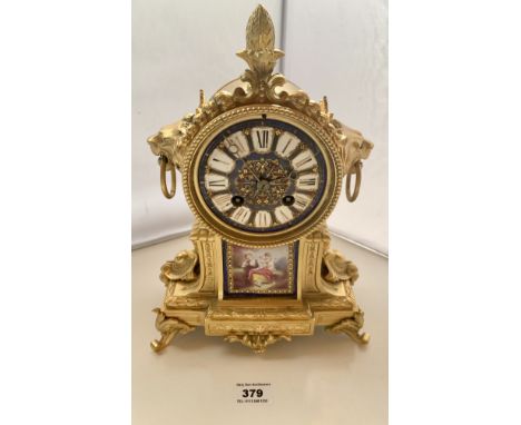 Enamel and painted French mantle clock with pendulum, marked R &amp; C 2714,  12” (30cm) high x 8.25” (21cm) wide. No glass o
