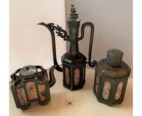 3 piece Chinese glazed metal iron tea set with erotic painted panels.  Tall water pot 12.5” (32cm) high, teapot  6.5” (16cm) 