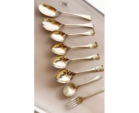 4 silver dessert spoons, hallmark Sheffield 1902, silver serving spoon &amp; fork, Sheffield 1901 and silver cake fork and te