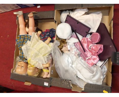 Two boxes containing a quantity of vintage and modern release collectors' dolls
