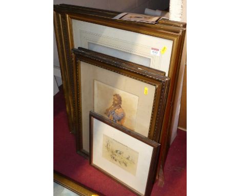 Assorted pictures and prints to include continental school, pair portrait watercolours of peasants, satirical print, etc