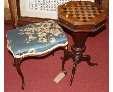 A 19th century mahogany cabriole legged dressing stool; together with a Victorian figured walnut and specimen wood chessboard