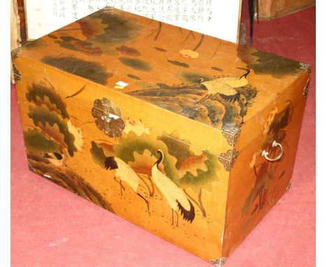 A contemporary Japanese style lacquered and brass bound hinge topped trunk, w.80cm; together with a French style white painte