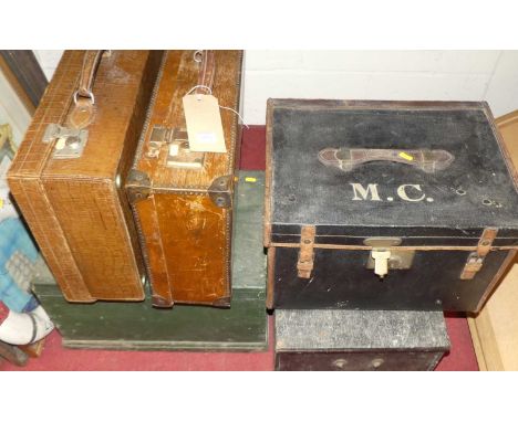 Assorted luggage to include crocodile skin suitcase, canvas bound trunk, wooden case, and two painted wooden boxes (5)