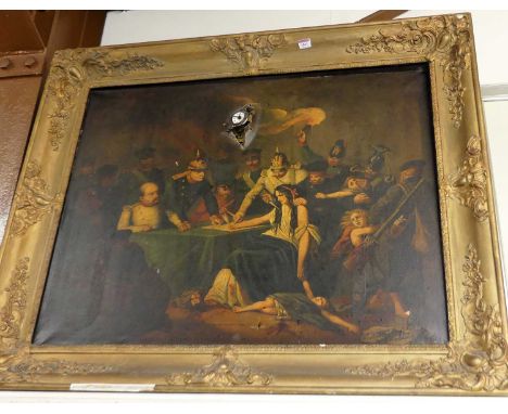 19th century oleograph, The signing of the Treaty of Versailles, with inset clock (canvas torn), 71x91cm