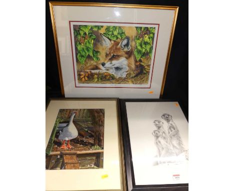 Sue Eaton - On guard, pastel, 35 x 26cm; together with a wildlife print entitled Autumn Fox; and two monochrome prints (4)