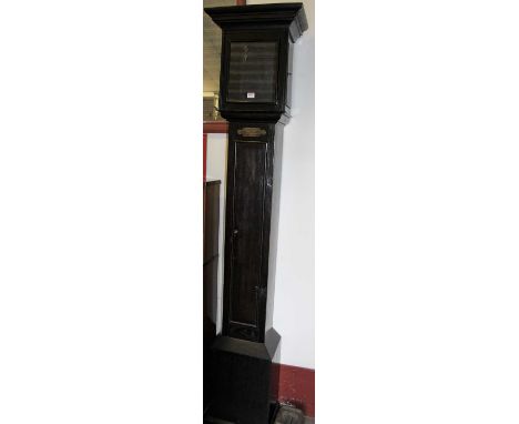 A narrow oak longcase clock case (only), with engraved brass plaque, h.199cmAperture size for the dial is 24cm.Glass dimensio