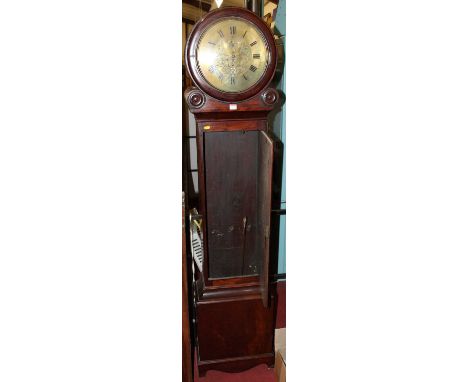A circa 1830 mahogany longcase clock, having a circular floral engraved brass dial, with subsidiary seconds dial, single wind
