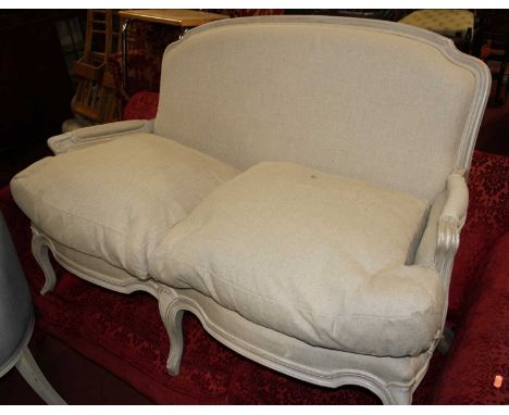 A contemporary French grey painted two-seater sofa, in the Louis XV taste, having twin squab cushions, and raised on cabriole