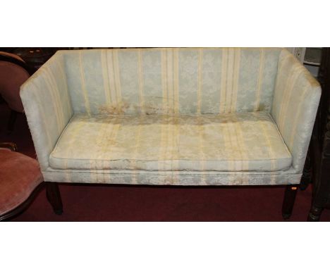 A circa 1900 mahogany framed and striped floral upholstered two seater sofa, on square supports to castors, width 137.5cm